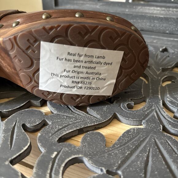 UGG Kaylee Leather Platform Clogs Brown Studded Wood Heel Braided Strap Size 7 - Picture 13 of 14